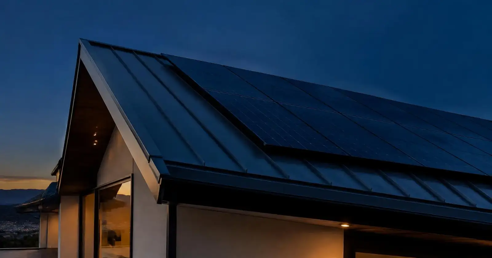 Solar panels on a metal roof at dusk