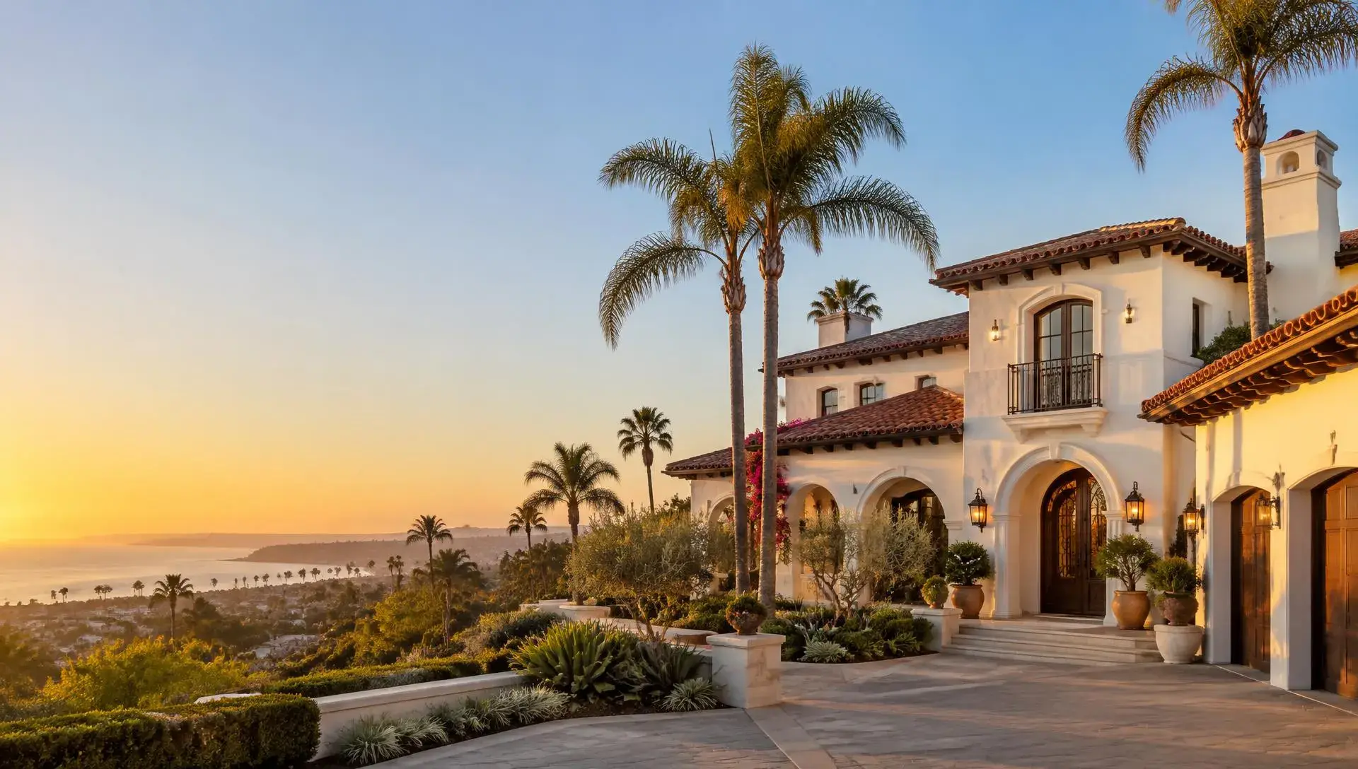 Spanish-style Southern California home with a clay tile roof at sunset