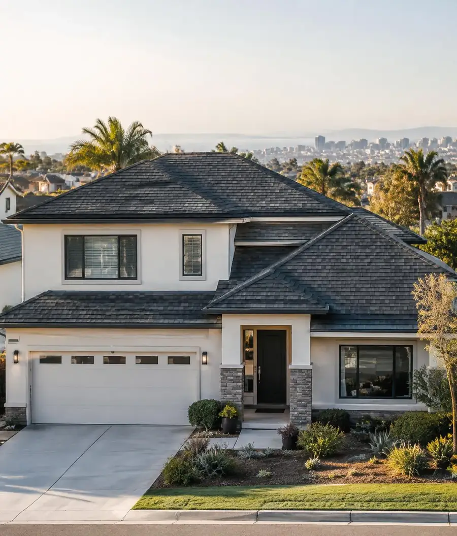 Home with a new charcoal asphalt shingle roof