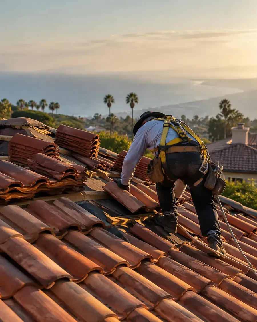 Roofer installing clay tile on a coastal San Diego home